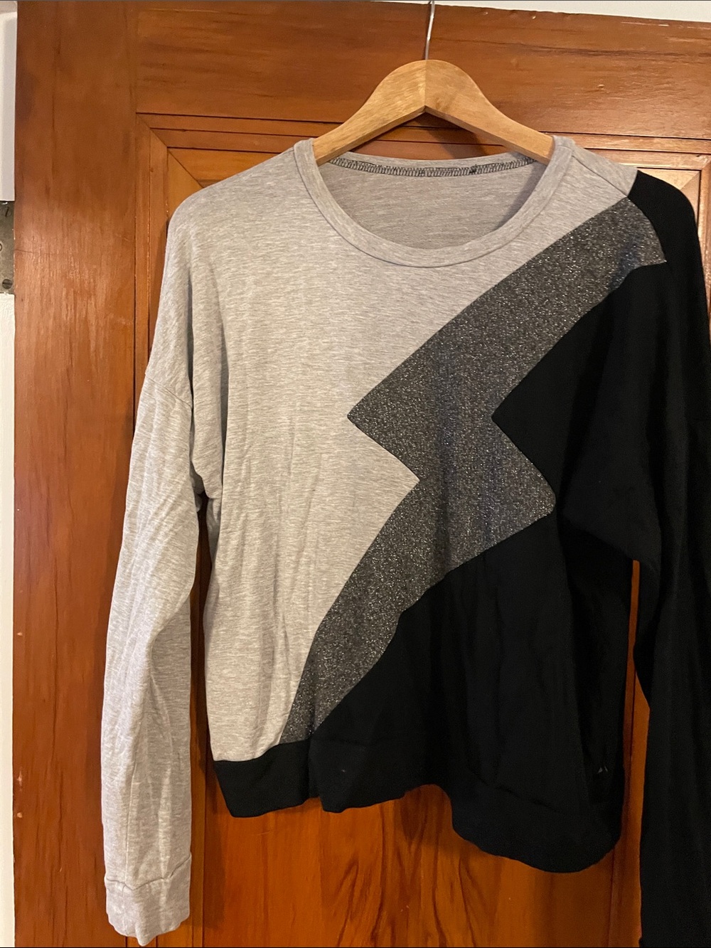 Terez Grey and Black Diagonal Colorblock Crewneck Sweater